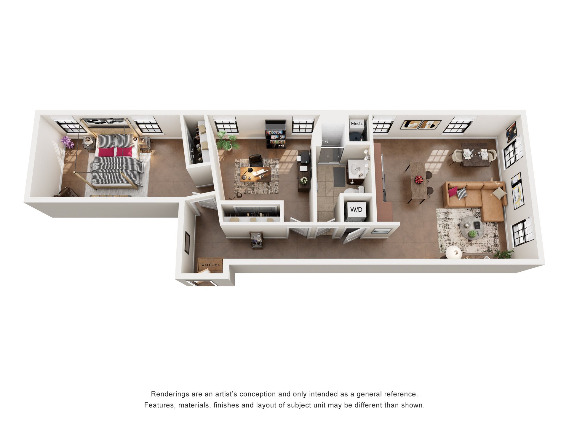 Floor plan for 2 beds, 1 bath, 950 sqft